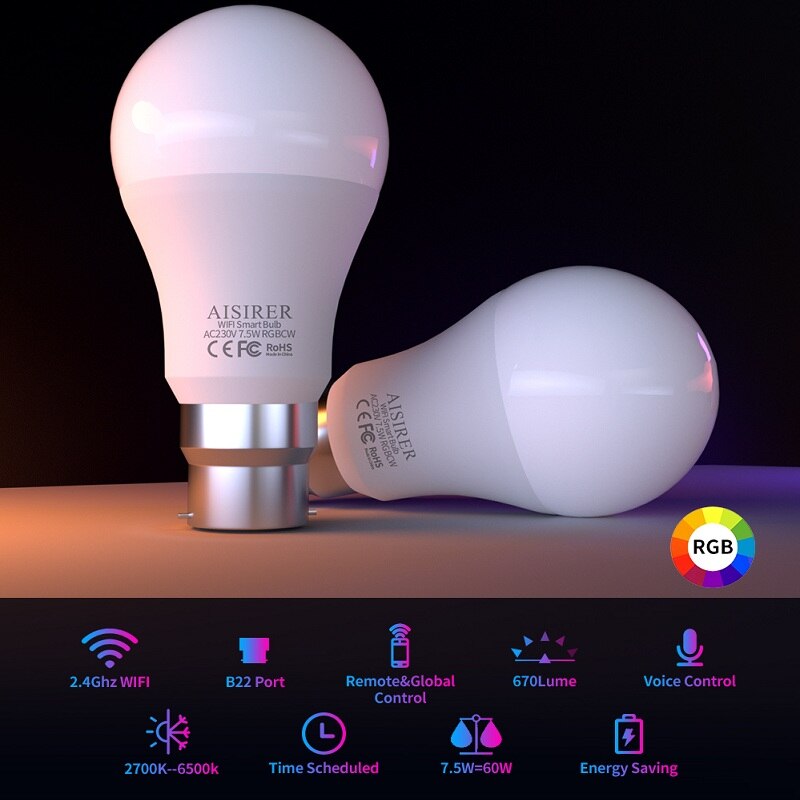 2Pcs 7.5W WiFi Smart Light Bulb B22 Dimmable RGB LED Lamp Alexa Google Assistant Control Bulbs Colorful Changing Indoor Lighting