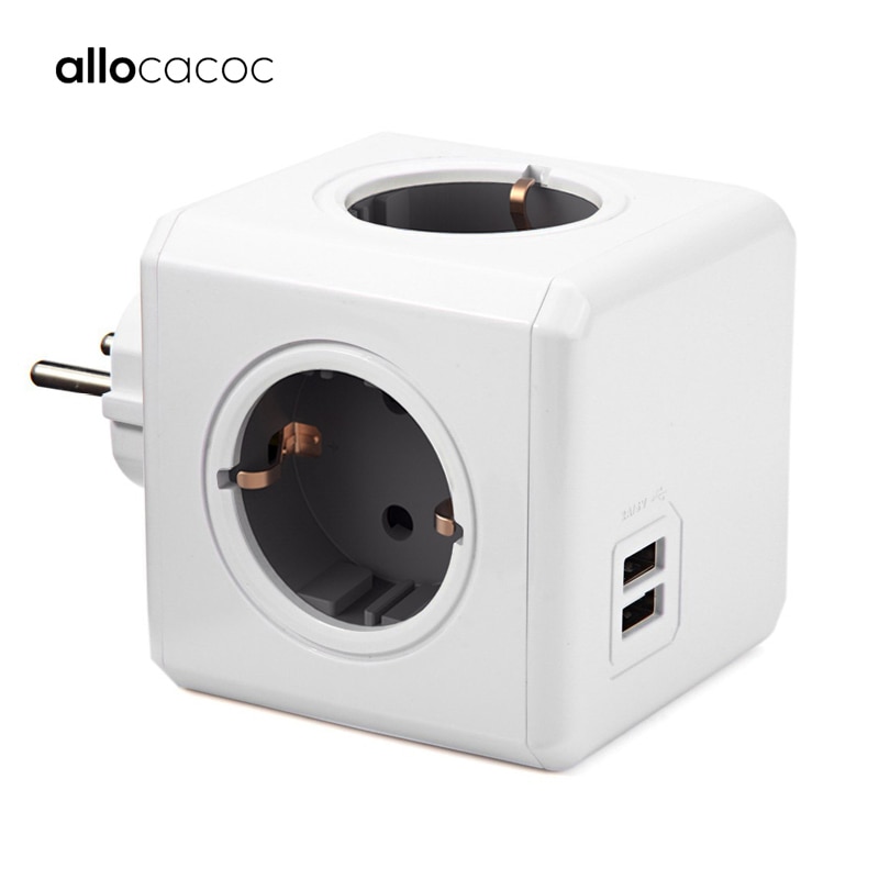 Allocacoc PowerCube Power Strip USB Socket EU Plug Multi Smart Plug Extension EU Electrical 16A 4 Outlet 2.1A Home Charging Gray