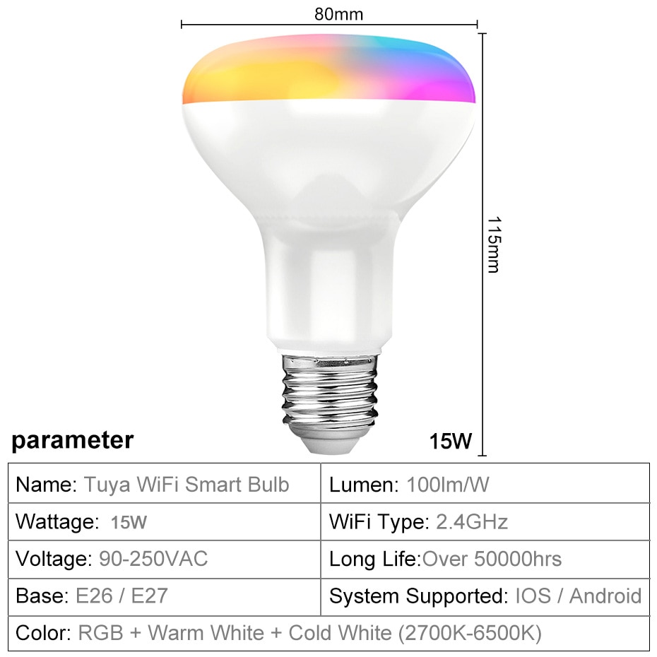 Tuya Smart Bulb 15W E27 WiFi LED Light Bulb RGB Color Changing and 2700K-6500K White Work with Alexa Google Home Dimmable APP