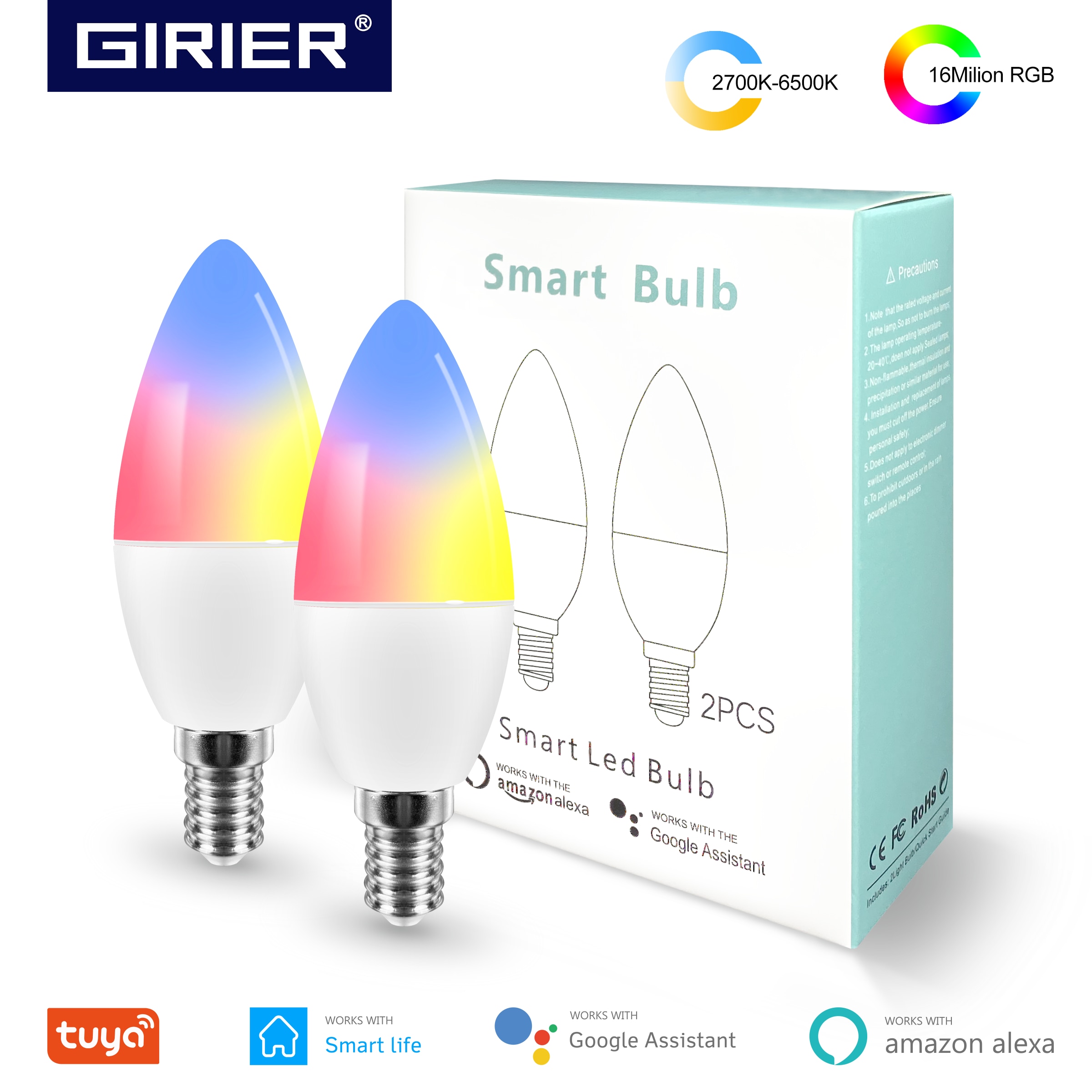 Tuya Smart Wifi LED Bulb E14, RGB Dimmable Light Bulb 4W, , Work with Alexa Echo Google Home Assistant, No Hub Required, 2 Packs