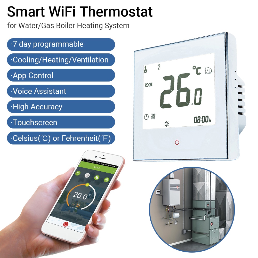 WiFi Thermostat Home Programmable Thermostat Water/Gas Boiler Smart Touchscreen Heat App and Voice Control for Echo Google Home