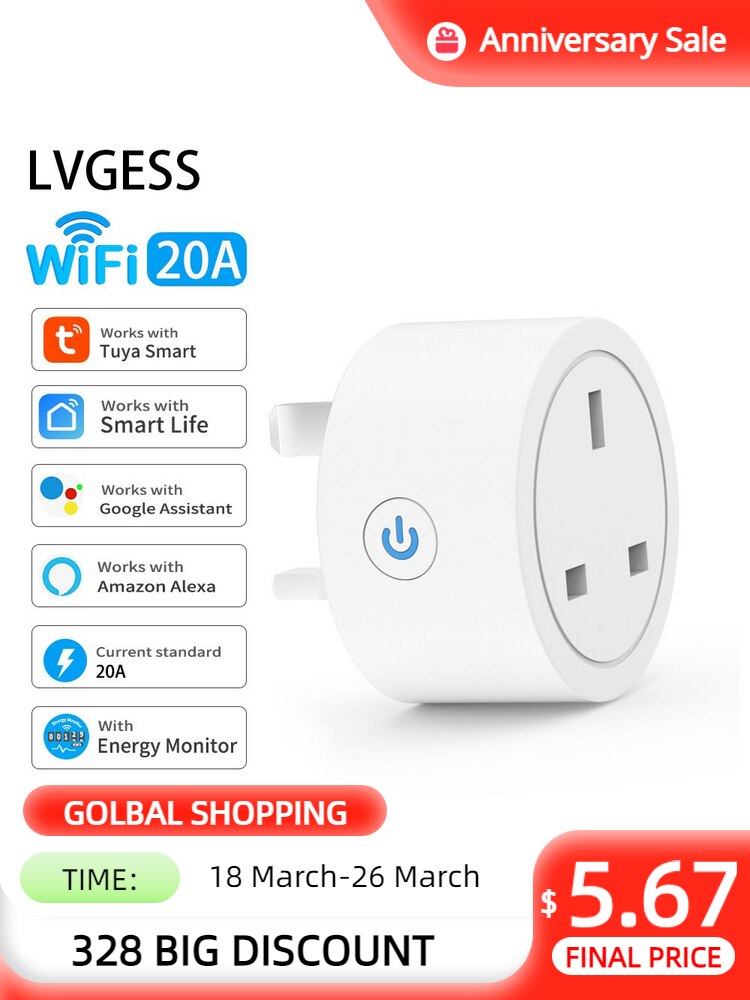 20A Tuya Smart Socket WiFi UK Plug 3pin Adapter Home…